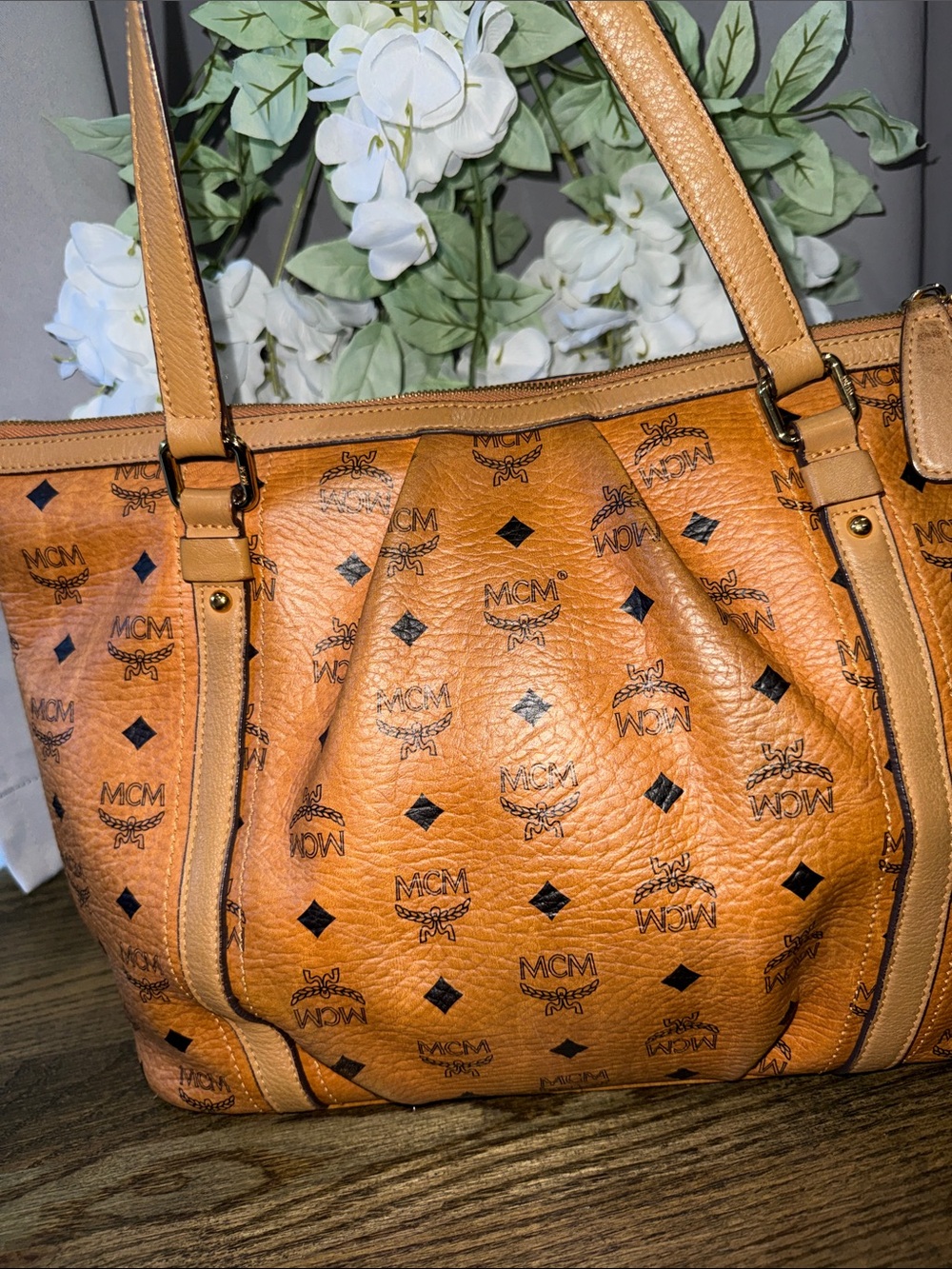 MCM leather Cognac Visetos Logo Tote with Detachable Strap - Picture 9 of 17